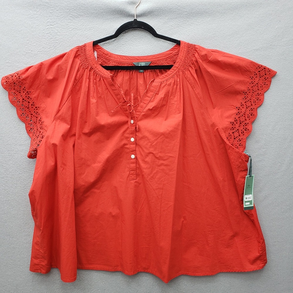 Terra & Sky Eyelet Lace Trim Button Up Red 100% Cotton Fall Cottagecore Boho 4X